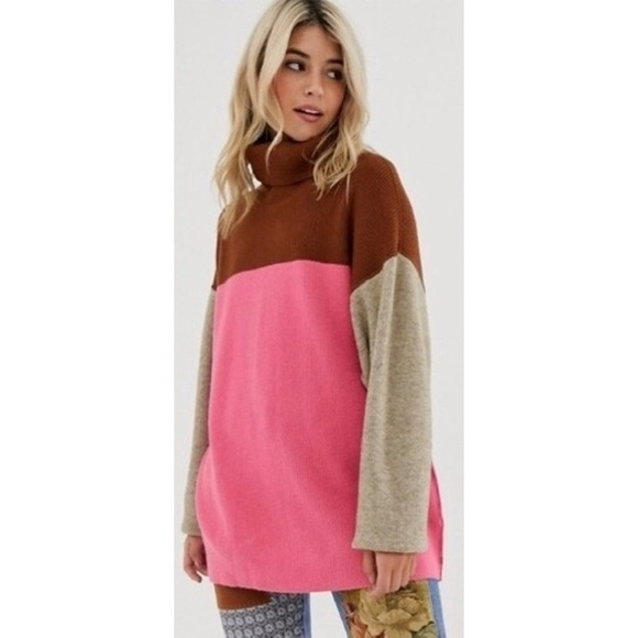 FREE PEOPLE Softly Structured Colorblock Sweater Turtleneck Candy Pop Medium - Picture 5 of 16